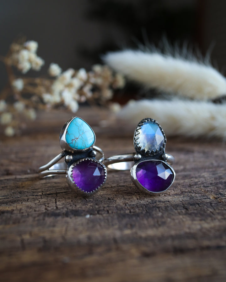 One of a kind handmade silver rings with turqoise, moonstone, and amethyst ethical stones
