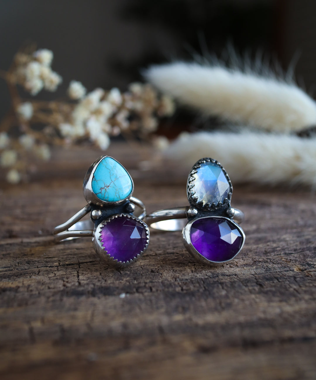 One of a kind handmade silver rings with turqoise, moonstone, and amethyst ethical stones